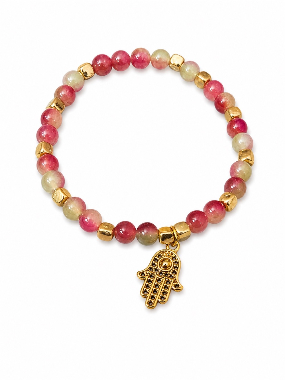 Handmade Gold Hamsa Charm Pink Multi Bead Stretch Bracelet